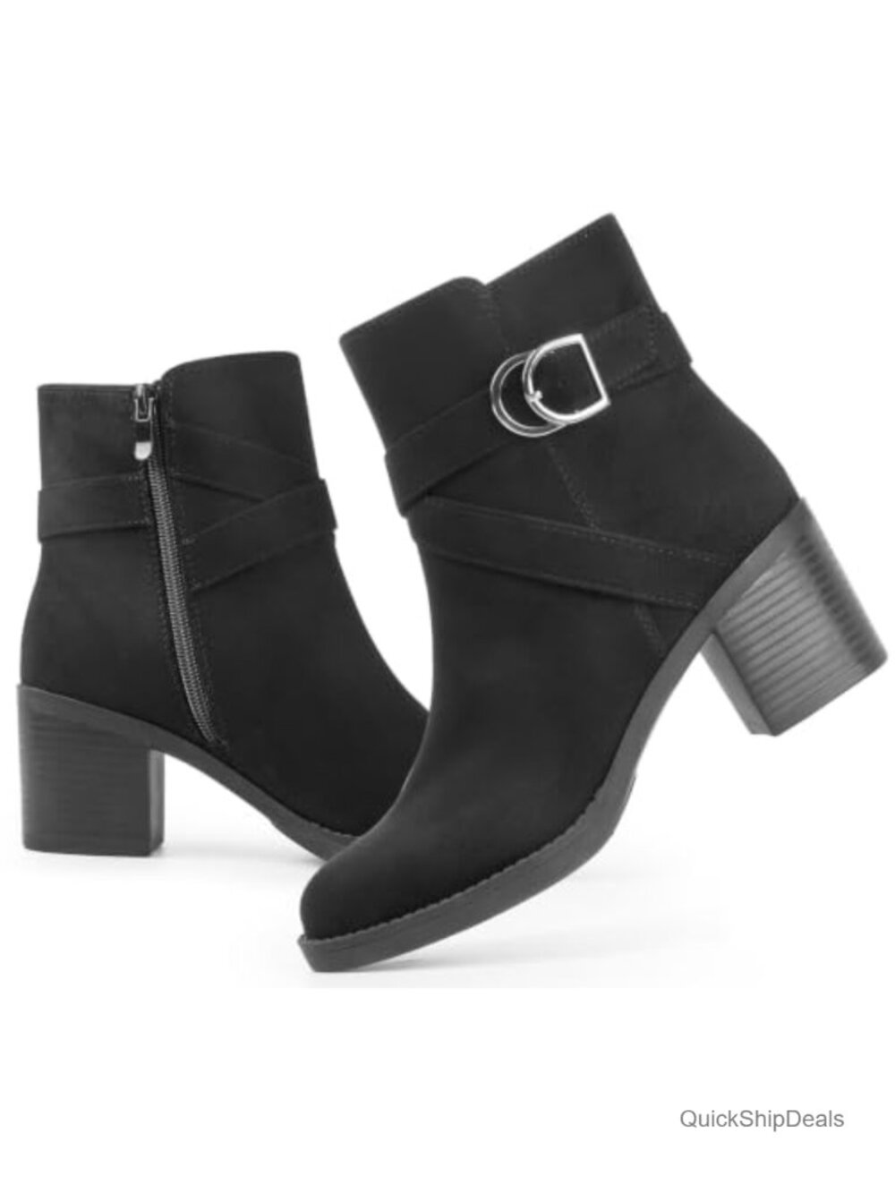 Ankis Women's Ankle Boots Chunky Stacked Heel Buckle Strap Zipper Booties